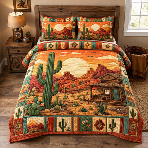 Southwestern Desert Cabin quilted 3-piece bedding set on a made bed in a rustic timber bedroom