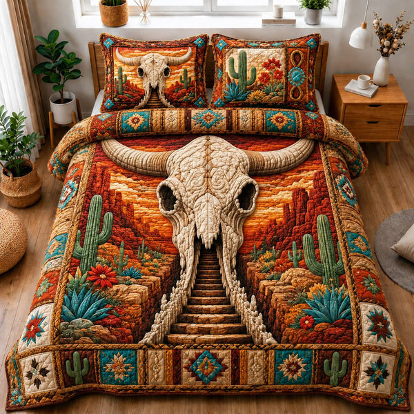 Southwestern Longhorn Skull Canyon Stairway quilted 3-piece bedding set on a made bed against a dark styled interior