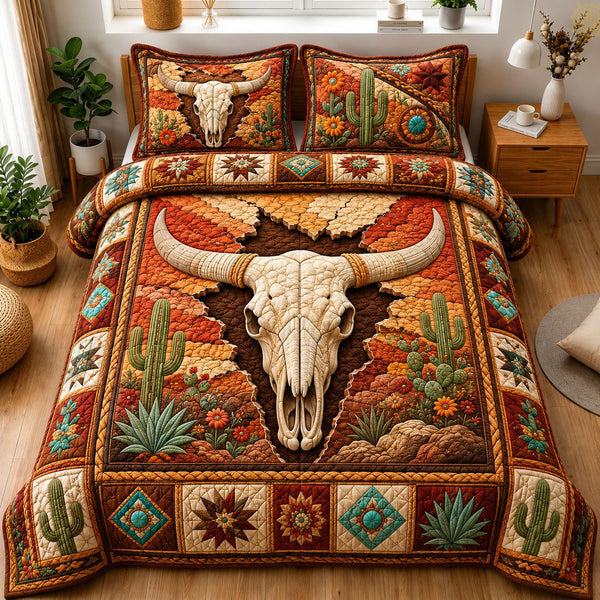 Southwestern Longhorn Skull Cracked Earth quilted 3-piece bedding set on a made bed against a dark styled interior