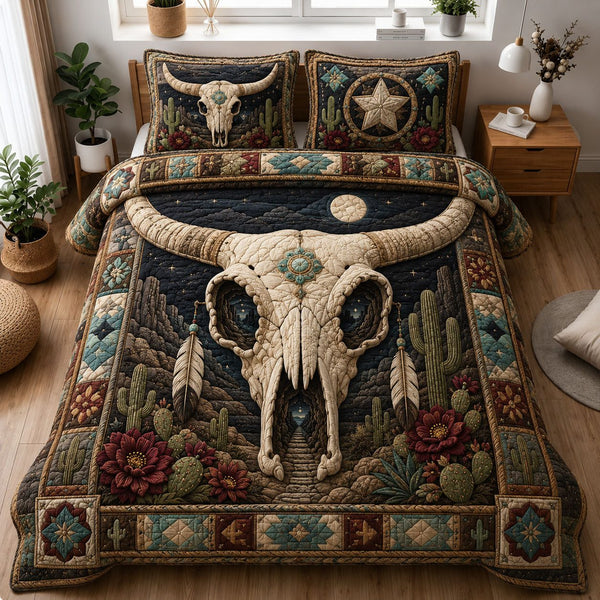 Southwestern Longhorn Skull Desert quilted 3-piece bedding set on a made bed against a dark styled interior