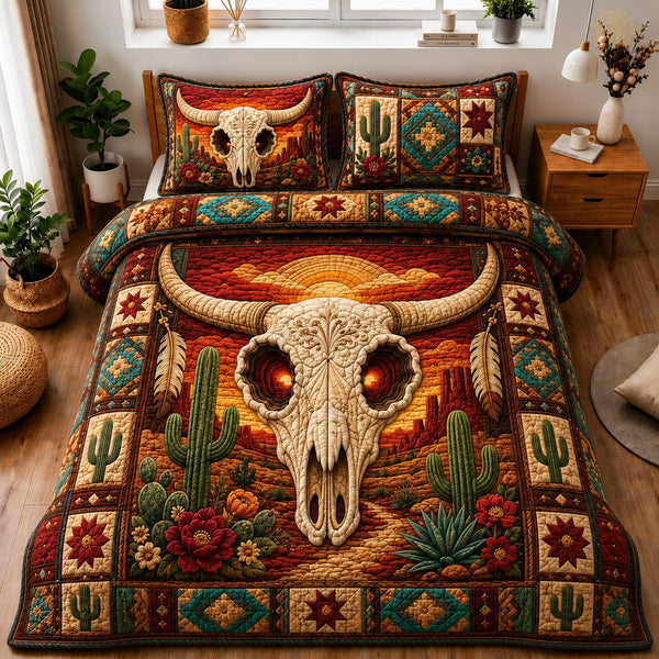 Southwestern Longhorn Skull Sunset quilted 3-piece bedding set on a made bed against a dark styled interior