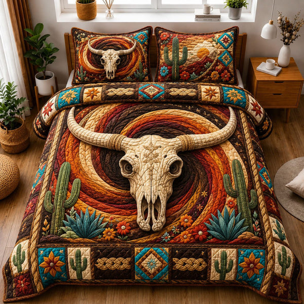 Southwestern Longhorn Skull Vortex quilted 3-piece bedding set on a made bed against a dark styled interior