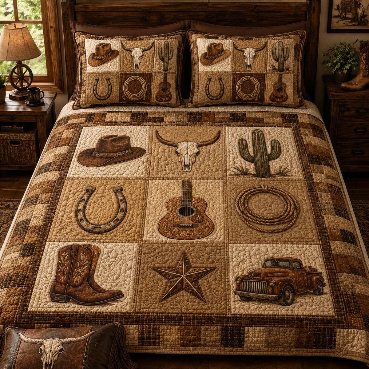 Southwestern Prairie Roots quilted 3-piece bedding set on a made bed in a rustic timber bedroom
