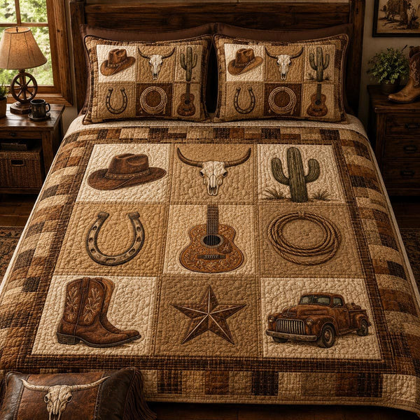 Southwestern Prairie Roots quilted 3-piece bedding set on a made bed in a rustic timber bedroom