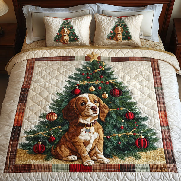 Spaniel quilted 3-piece bedding set on a made bed with two matching pillow shams