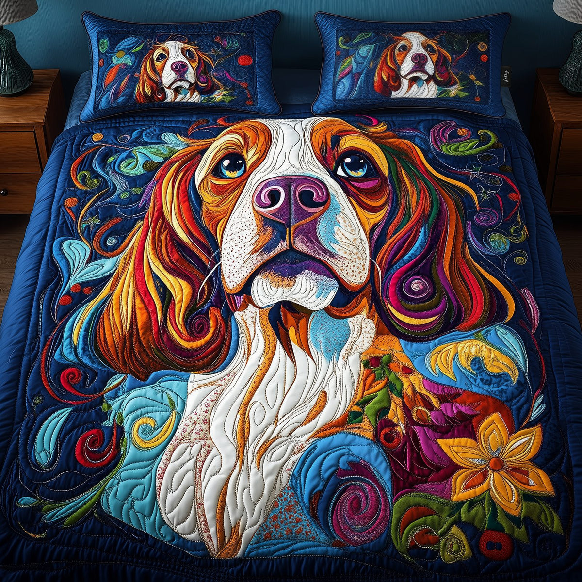 Spaniel quilted 3-piece bedding set on a made bed with two matching pillow shams