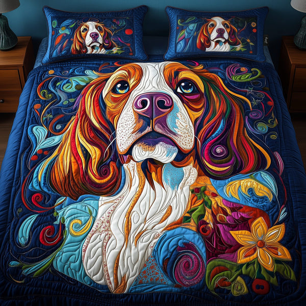 Spaniel quilted 3-piece bedding set on a made bed with two matching pillow shams