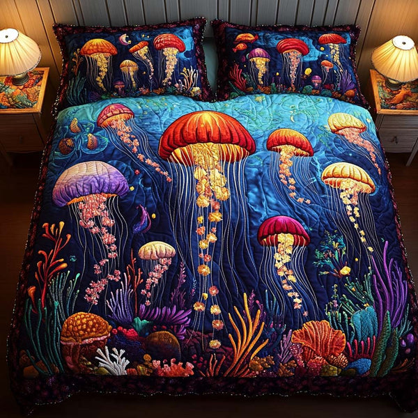 Sparkling Currents quilted 3-piece bedding set on a made bed with two matching pillow shams