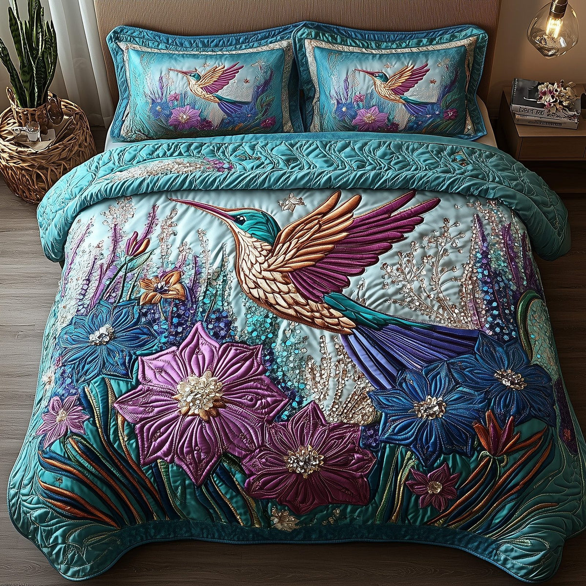 Sparkling Hummingbird quilted 3-piece bedding set on a made bed with two matching pillow shams