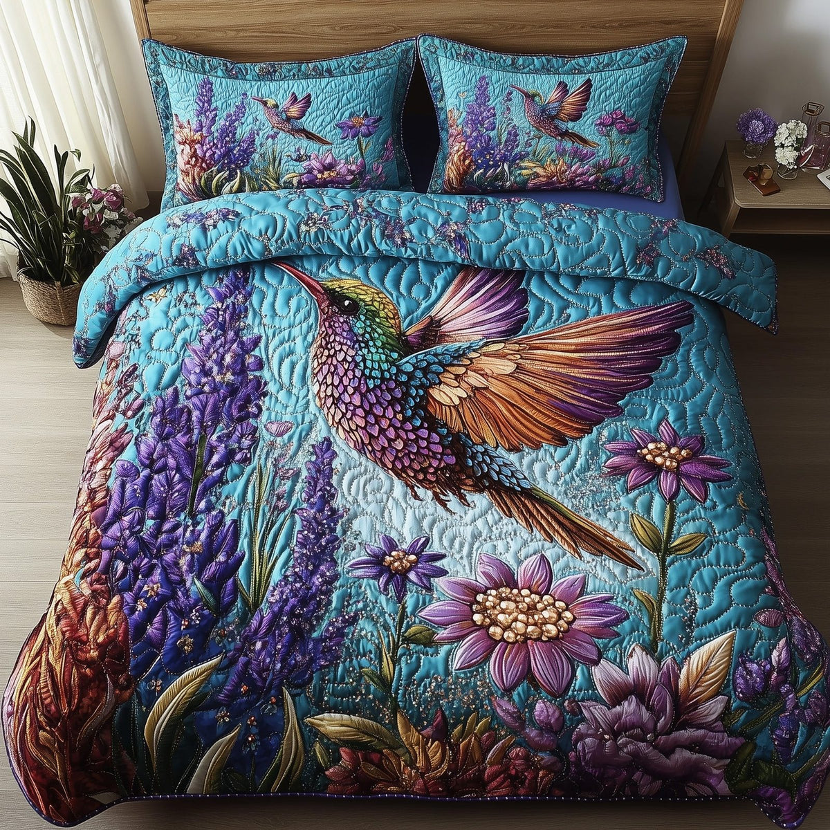 Sparkling Hummingbird quilted 3-piece bedding set on a made bed with two matching pillow shams