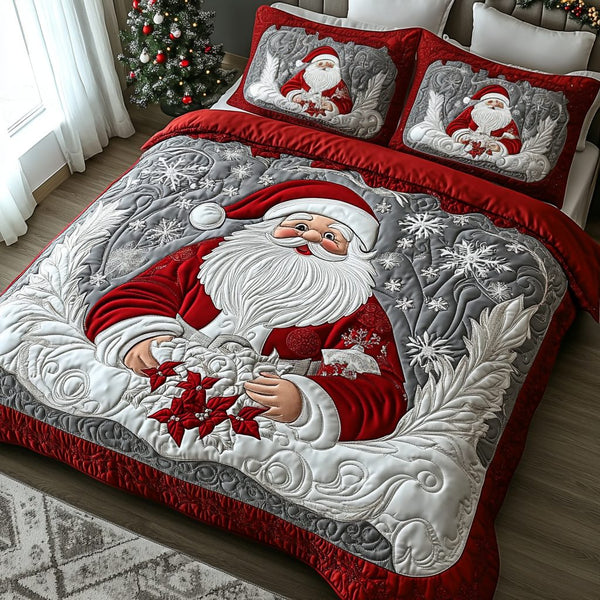 Sparkling Santa quilted 3-piece bedding set on a made bed in a winter-styled bedroom