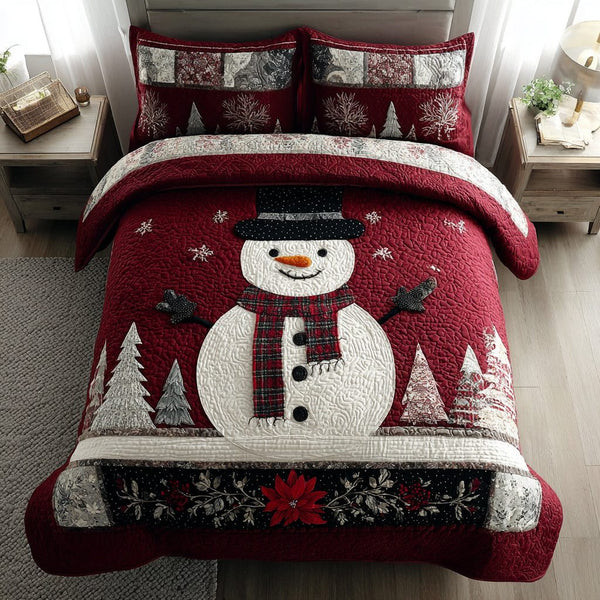 Sparkling Snowman quilted 3-piece bedding set on a made bed in a winter-styled bedroom