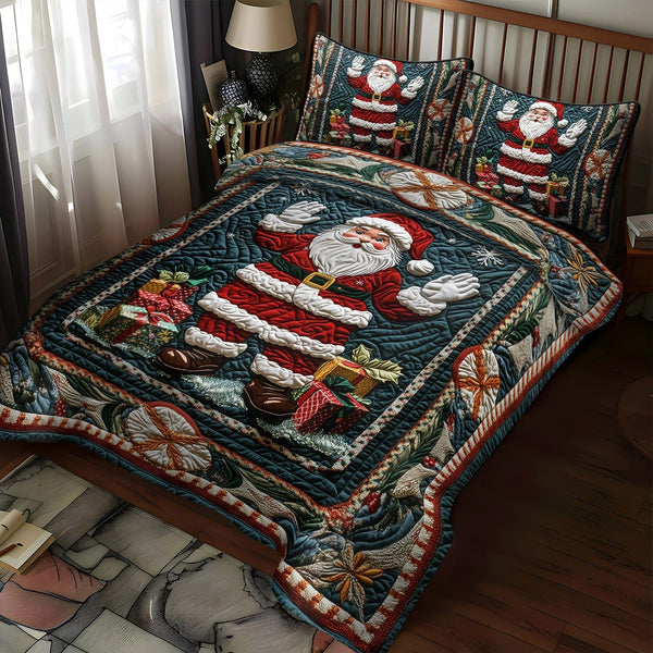Sparkling Snowy Santa quilted 3-piece bedding set on a made bed in a winter-styled bedroom