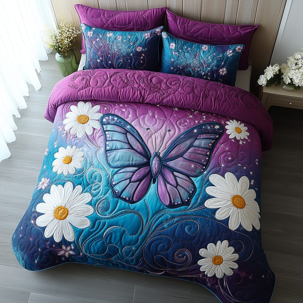 Sparkling Wings quilted 3-piece bedding set on a made bed with two matching pillow shams
