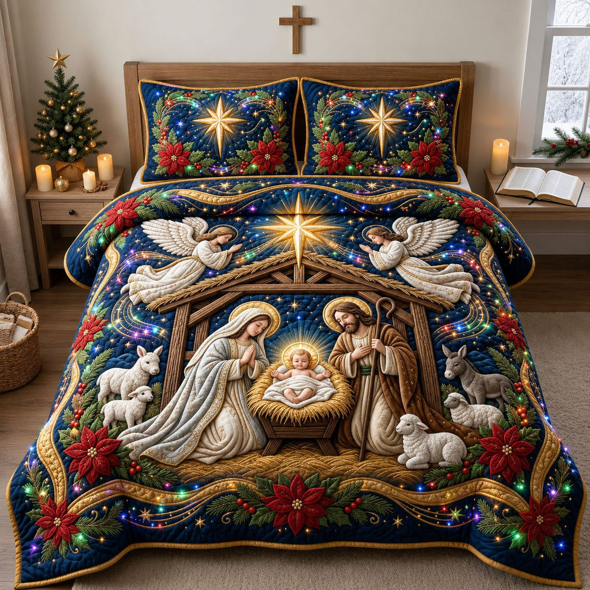 Sparkly Christmas Nativity quilted 3-piece bedding set on a made bed in a winter-styled bedroom