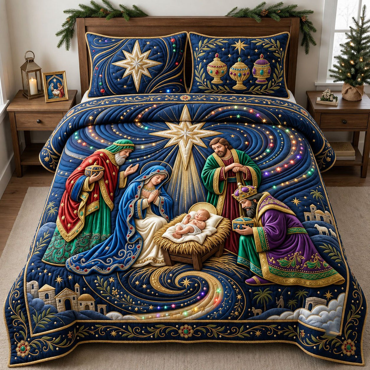 Sparkly Christmas Nativity quilted 3-piece bedding set on a made bed in a winter-styled bedroom