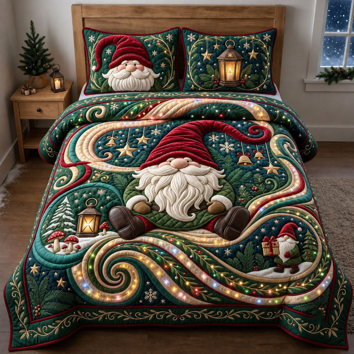 Sparkly Gnome quilted 3-piece bedding set on a made bed in a winter-styled bedroom