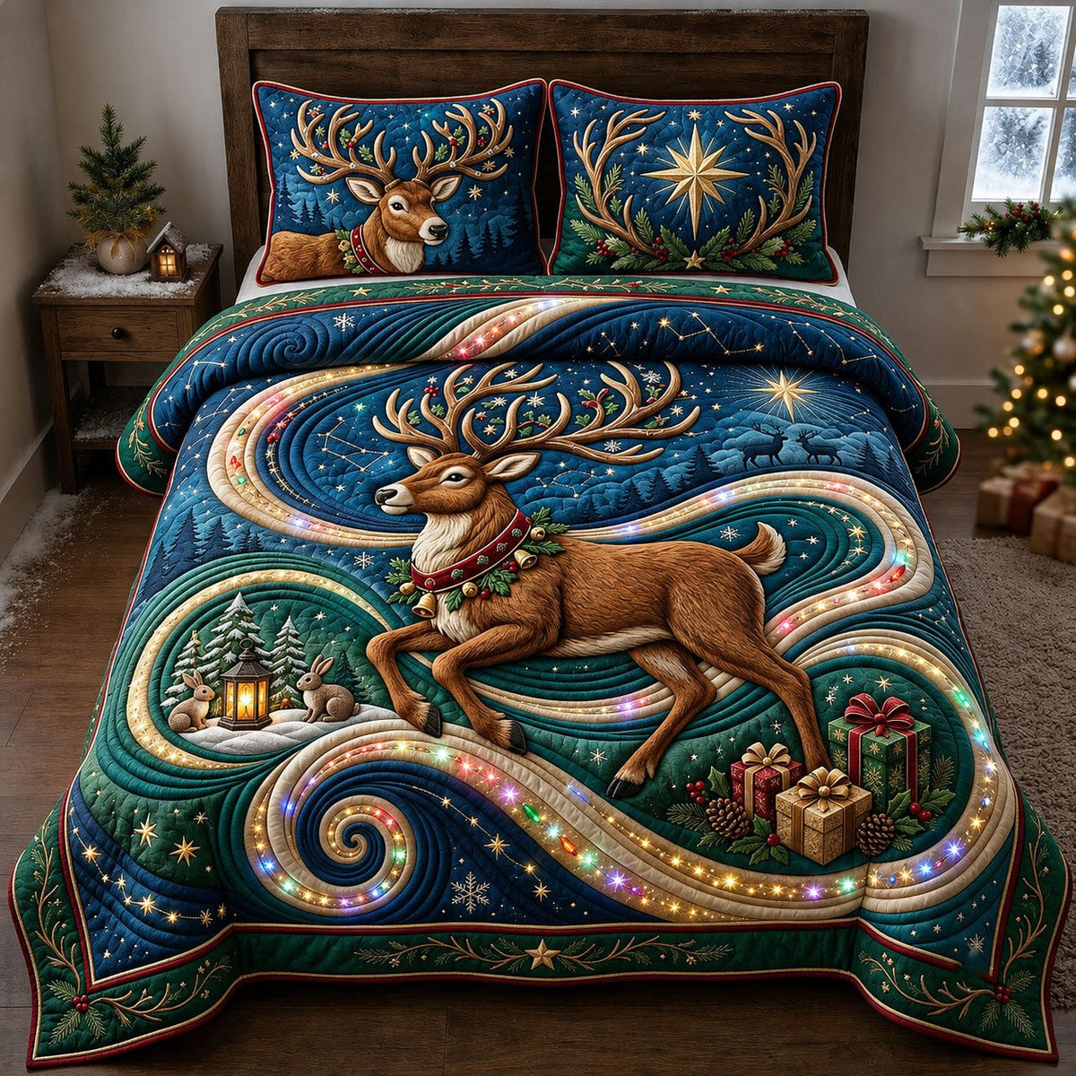 Sparkly Reindeer quilted 3-piece bedding set on a made bed in a winter-styled bedroom