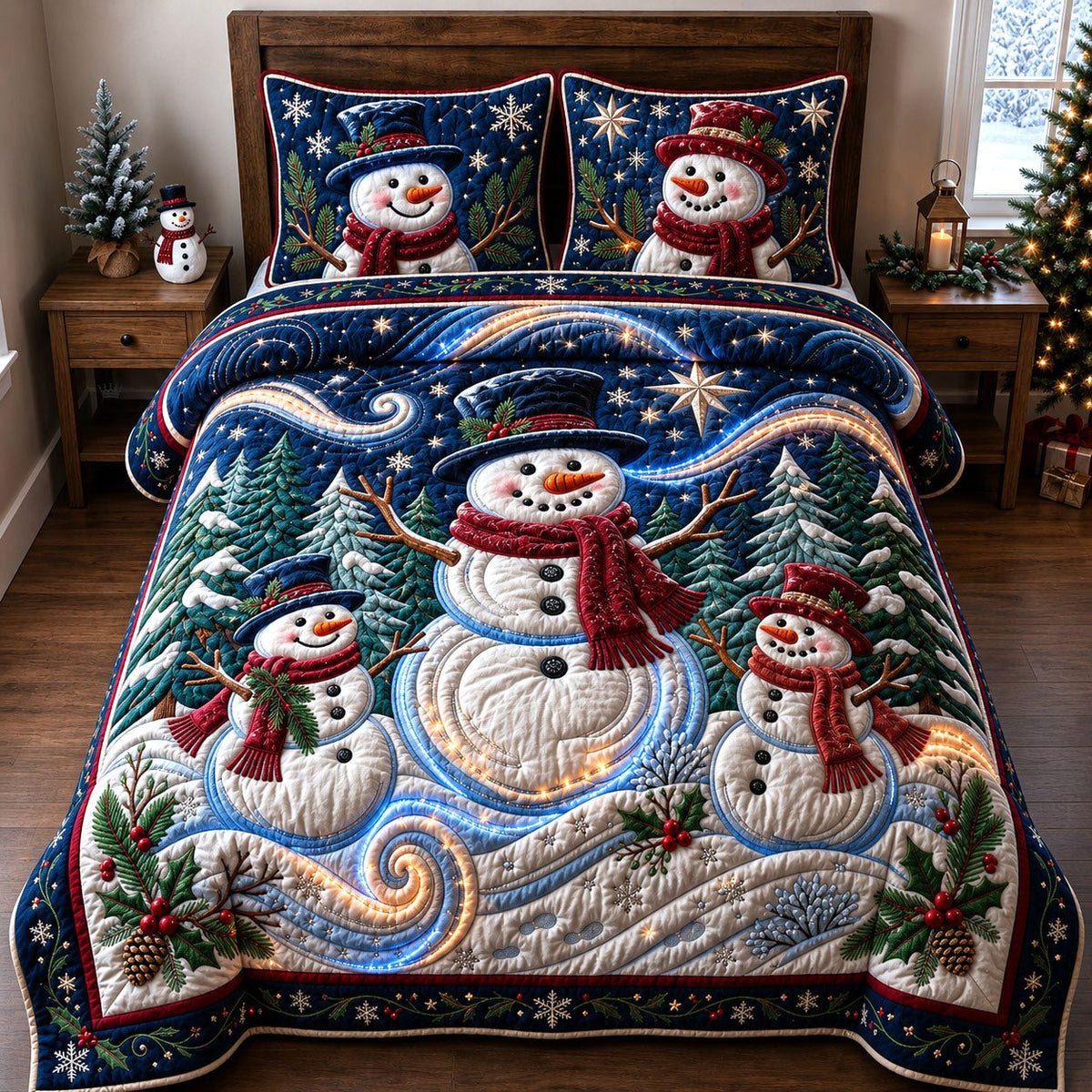 Sparkly Snowman quilted 3-piece bedding set on a made bed in a winter-styled bedroom