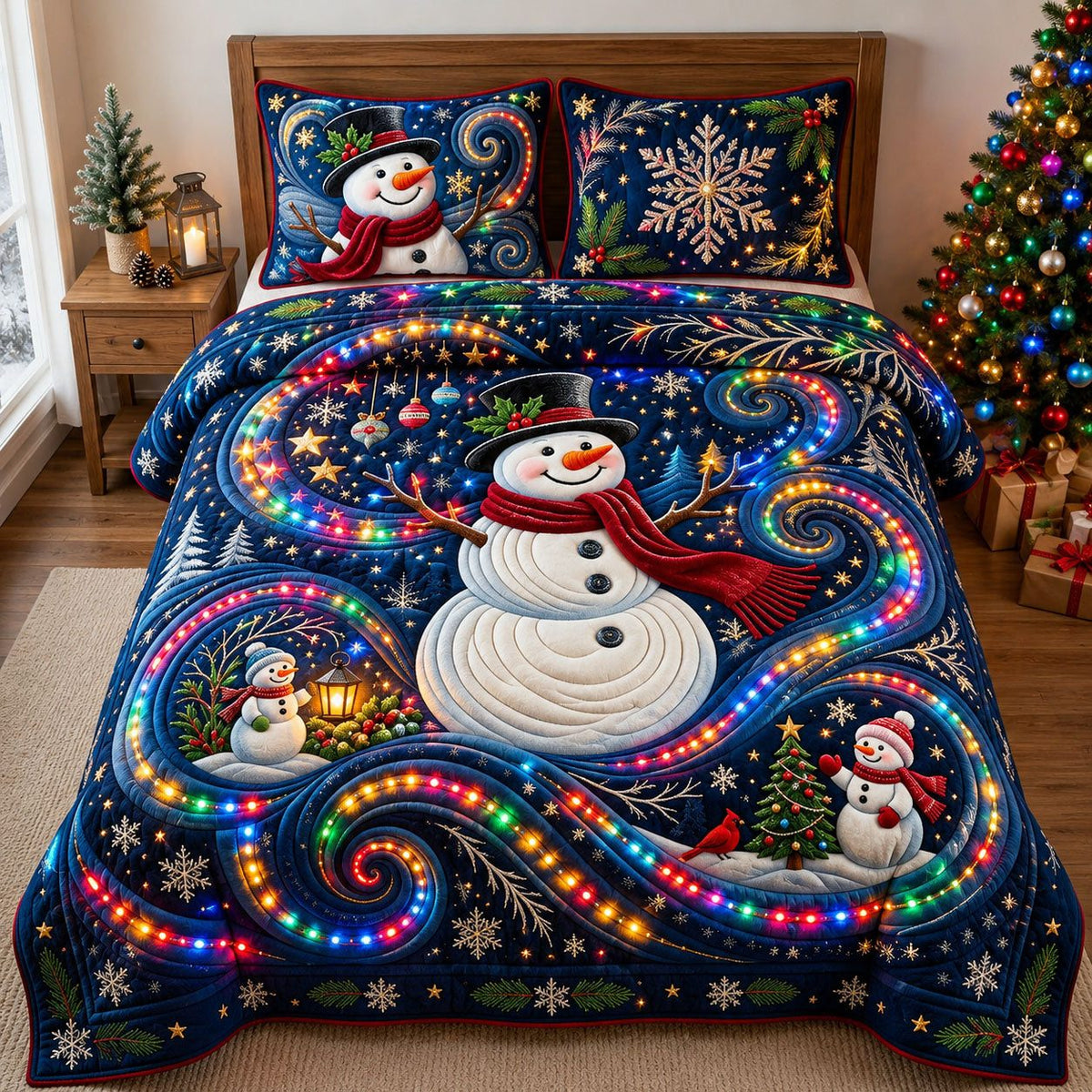 Sparkly Snowman quilted 3-piece bedding set on a made bed in a winter-styled bedroom
