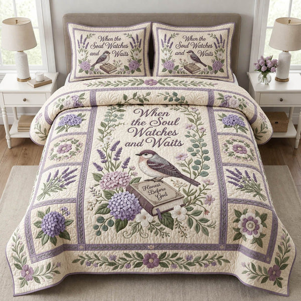Sparrow Honest Before God quilted 3-piece bedding set on a made bed in a softly lit bedroom