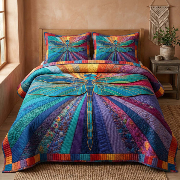 Spectrum Dragonfly quilted 3-piece bedding set on a made bed with two matching pillow shams