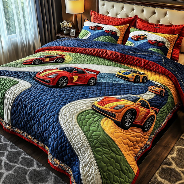 Speed King quilted 3-piece bedding set on a made bed with two matching pillow shams