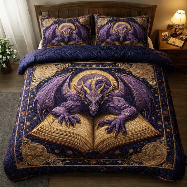 Spellbound Dragon quilted 3-piece bedding set on a made bed with two matching pillow shams