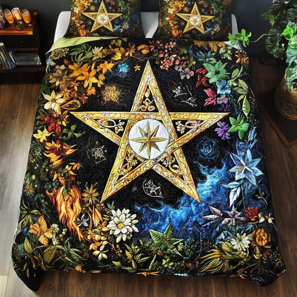 Spellbound Star V2 quilted 3-piece bedding set on a made bed with two matching pillow shams