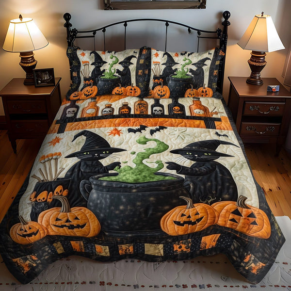 Spells and Purrs quilted 3-piece bedding set on a made bed with two matching pillow shams