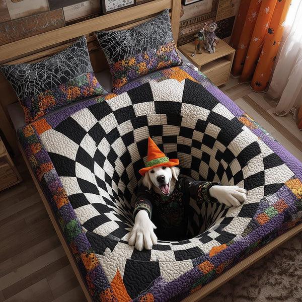 Spells Golden Retriever quilted 3-piece bedding set on a made bed with two matching pillow shams