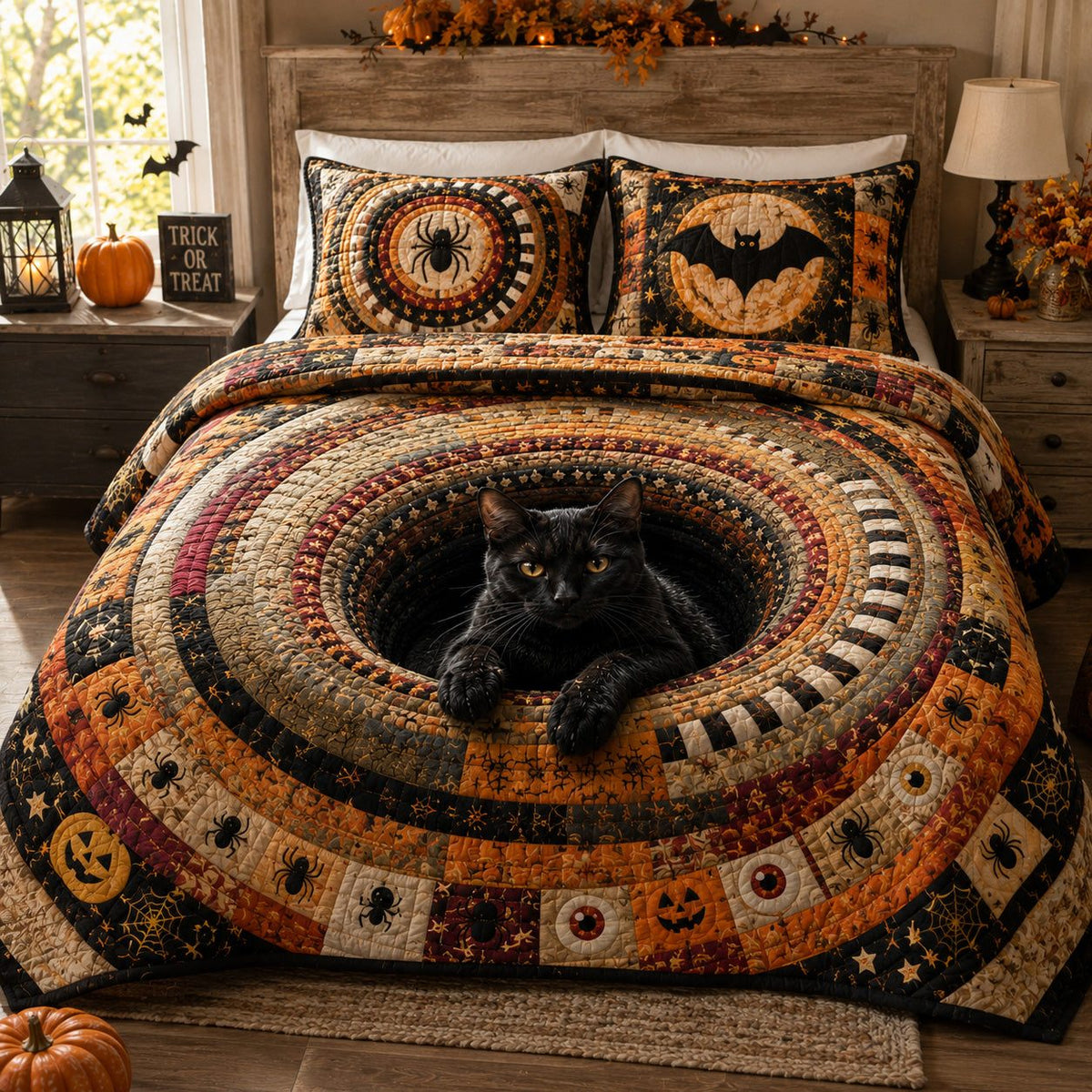 Spider Moon quilted 3-piece bedding set on a made bed with two matching pillow shams