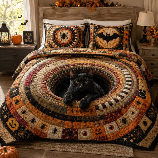 Spider Moon quilted 3-piece bedding set on a made bed with two matching pillow shams