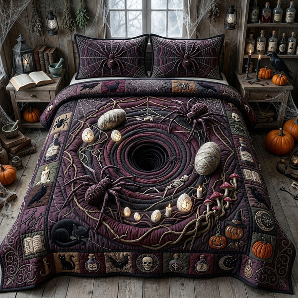 Spider Nest quilted 3-piece bedding set on a made bed with two matching pillow shams