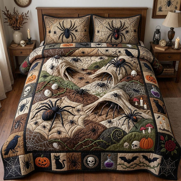 Spider Swarm quilted 3-piece bedding set on a made bed with two matching pillow shams