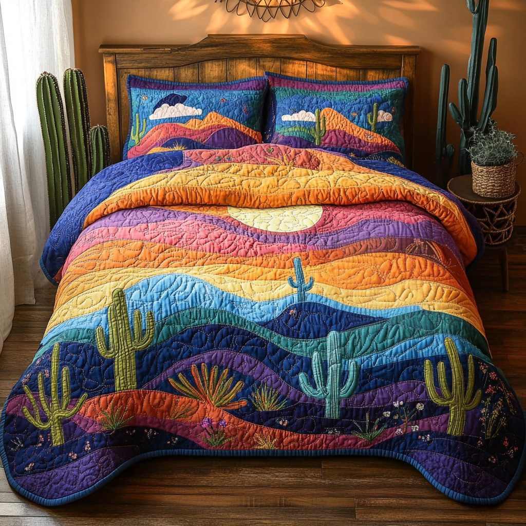 Spiky Chic quilted 3-piece bedding set on a made bed with two matching pillow shams