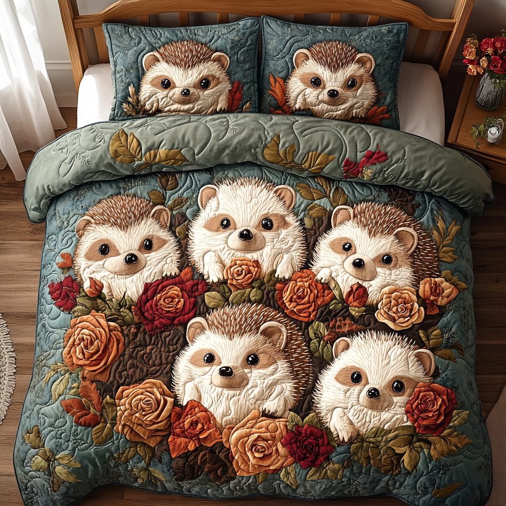 Spiky Sweet quilted 3-piece bedding set on a made bed with two matching pillow shams