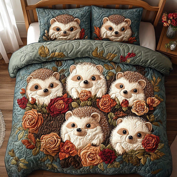 Spiky Sweet quilted 3-piece bedding set on a made bed with two matching pillow shams