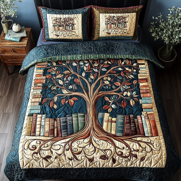 Spine Snuggles quilted 3-piece bedding set on a made bed with two matching pillow shams