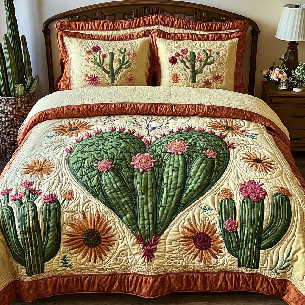 Spiny Love quilted 3-piece bedding set on a made bed with two matching pillow shams
