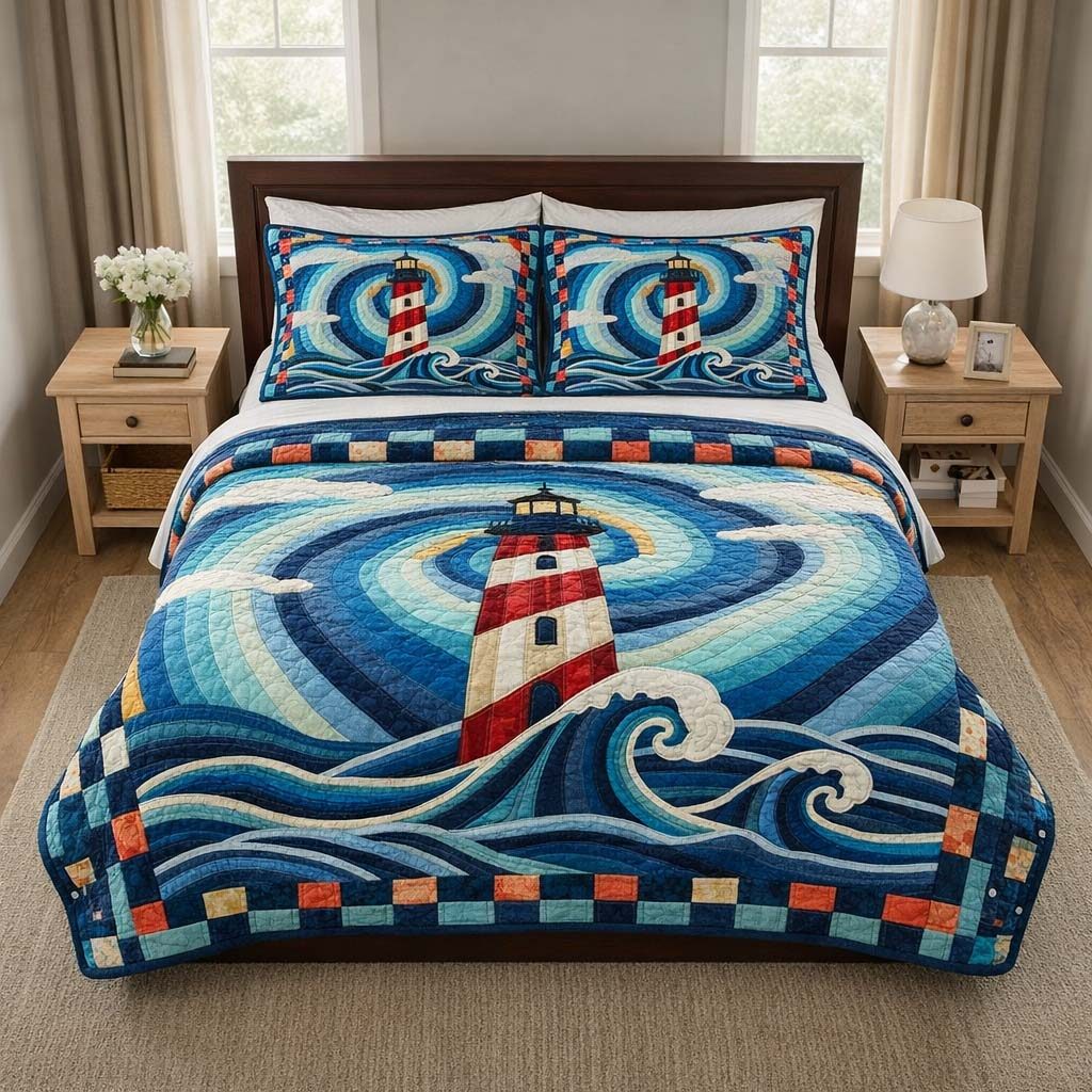 Spiral Beacon quilted 3-piece bedding set on a made bed with two matching pillow shams