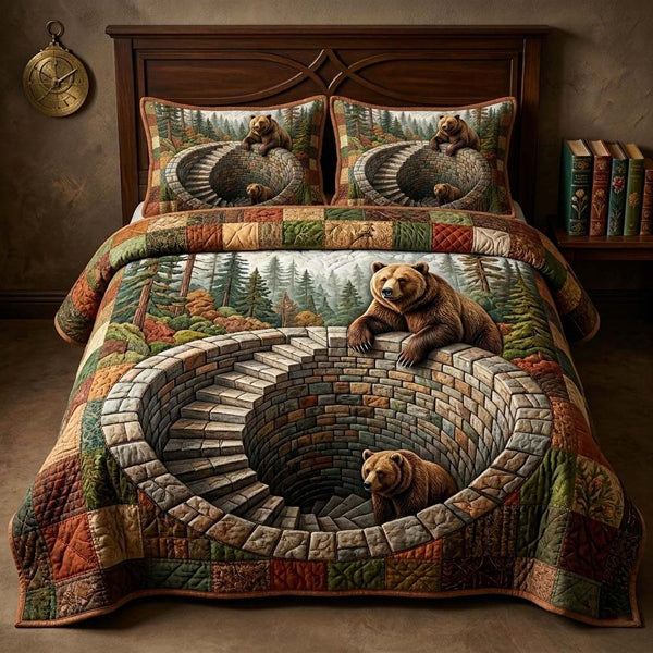 Spiral Bear quilted 3-piece bedding set on a made bed with two matching pillow shams