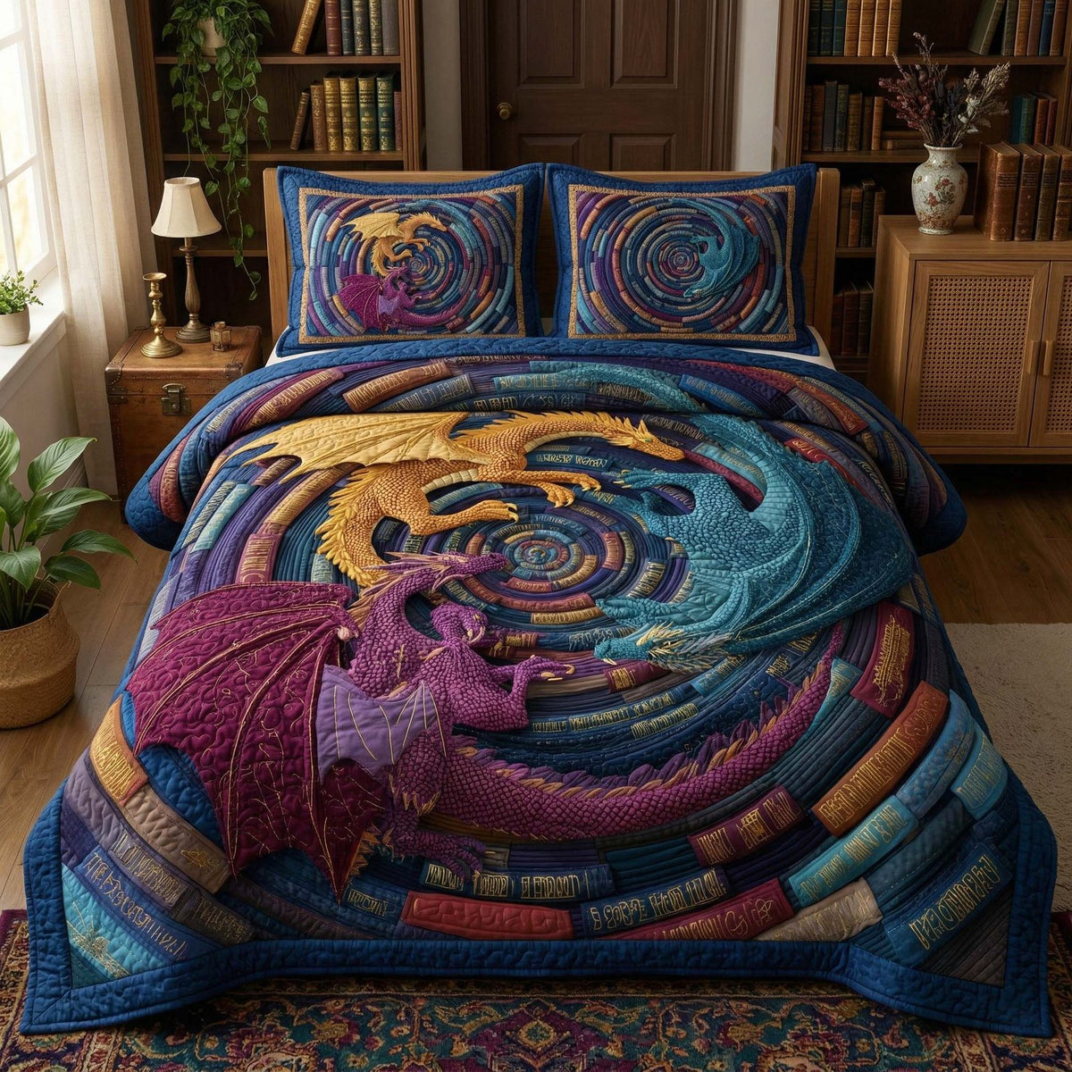 Spiral Legends quilted 3-piece bedding set on a made bed with two matching pillow shams