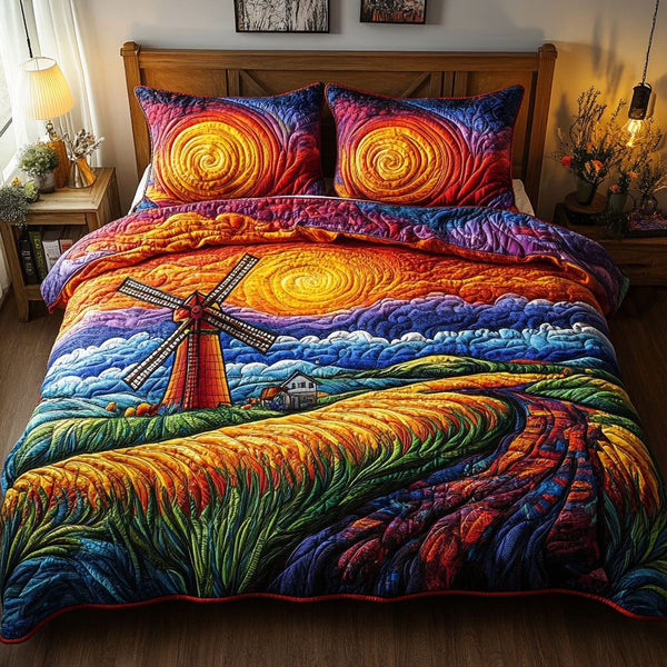 Spiraling Fields quilted 3-piece bedding set on a made bed with two matching pillow shams