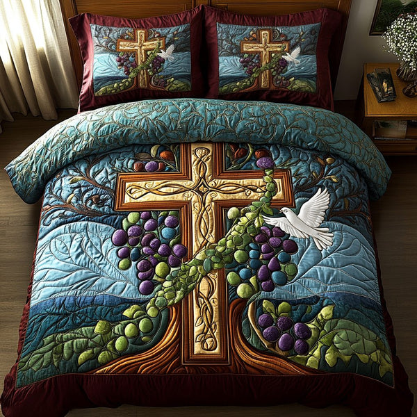 Spirit Anchor quilted 3-piece bedding set on a made bed in a light coastal bedroom