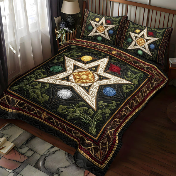 Spirit and Elements quilted 3-piece bedding set on a made bed with two matching pillow shams