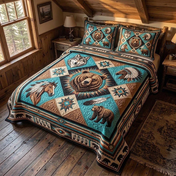 Spirit Bear quilted 3-piece bedding set on a made bed with two matching pillow shams