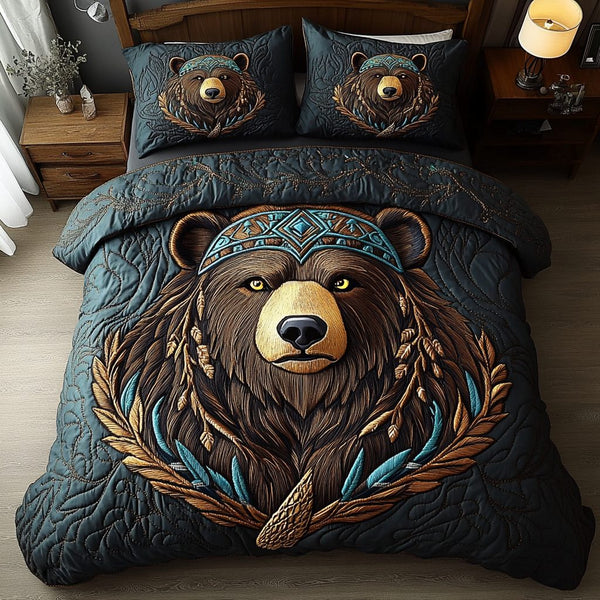 Spirit Bear quilted 3-piece bedding set on a made bed with two matching pillow shams