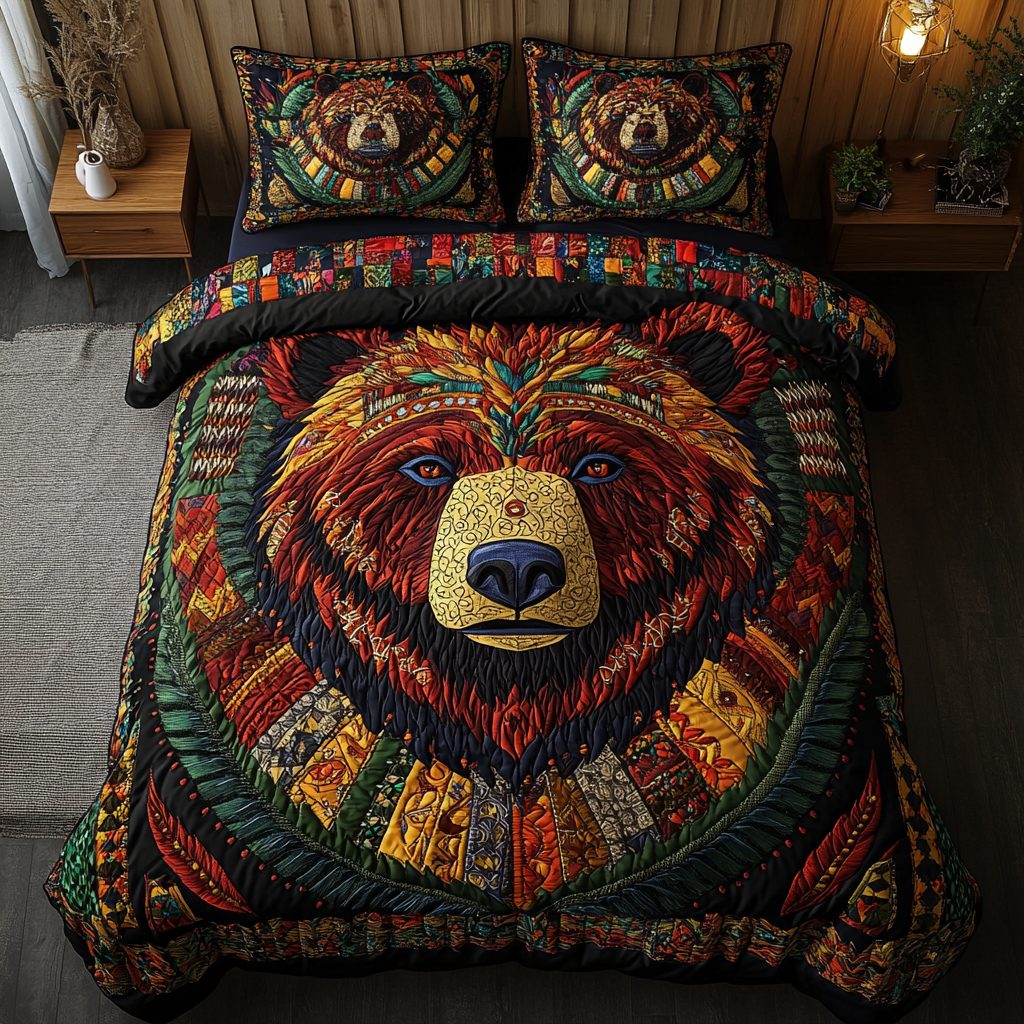 Spirit Bear quilted 3-piece bedding set on a made bed with two matching pillow shams