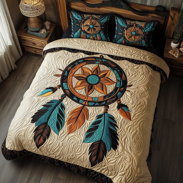 Spirit Catcher quilted 3-piece bedding set on a made bed with two matching pillow shams